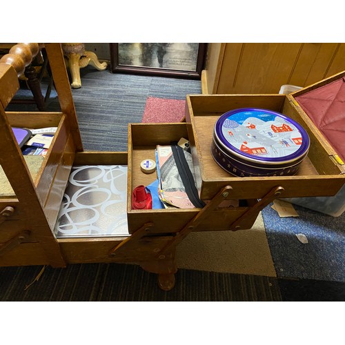 155 - Vintage oak cantilever sewing box on cabriole legs to include contents measuring 59cms x 57cms