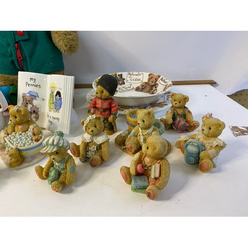 169 - Selection of Cherished Teddy ornament, teddy themed china and bear.