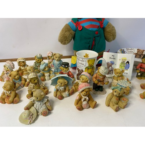 169 - Selection of Cherished Teddy ornament, teddy themed china and bear.