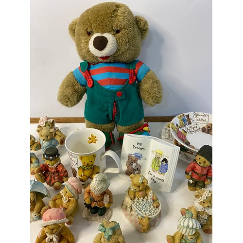 169 - Selection of Cherished Teddy ornament, teddy themed china and bear.