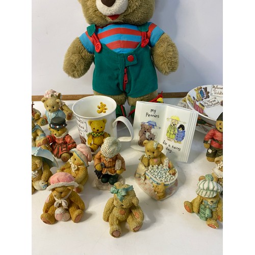 169 - Selection of Cherished Teddy ornament, teddy themed china and bear.