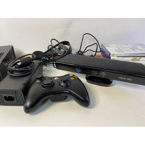 170 - Xbox 360 slim console with controller, Kinect sensor, headphones and 5 x games. Tested and working.