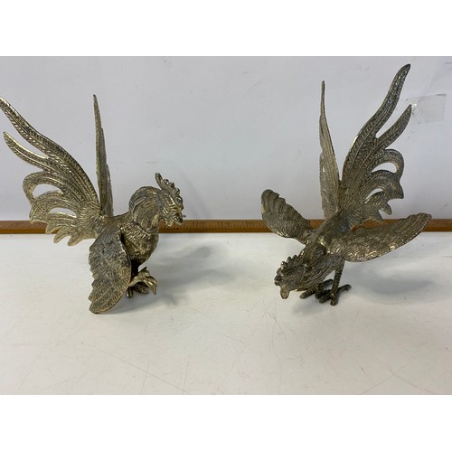 89 - 2 silver plate peacocks and 2 silver plate cockerels , largest measures 13 cms tall