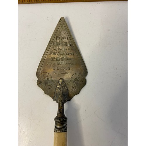 347 - Presentation trowel dated 22nd April 1882 for laying a memorial stone of the P M School, Newark rd, ... 