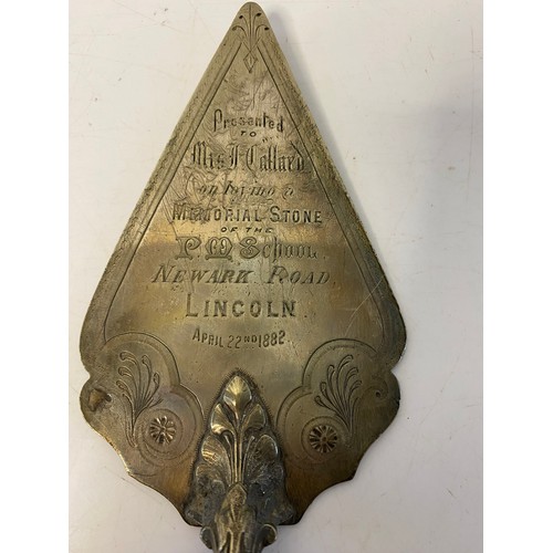 347 - Presentation trowel dated 22nd April 1882 for laying a memorial stone of the P M School, Newark rd, ... 