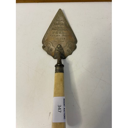 347 - Presentation trowel dated 22nd April 1882 for laying a memorial stone of the P M School, Newark rd, ... 