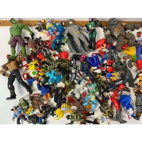 168 - Box of assorted play figures including Sonic, Mario, Turtles and others, 1980's - 2000's.