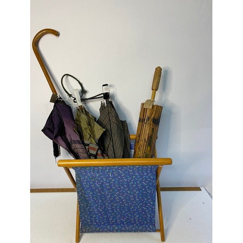 493 - Selection of umbrellas, parasol and knitting basket