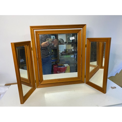 351 - Dressing table pine triple mirror. Large mirror measures 45 x 53 cms