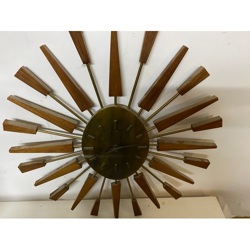 330 - Mid century sunburst clock in brass and teak made by Manley, 50cms diameter