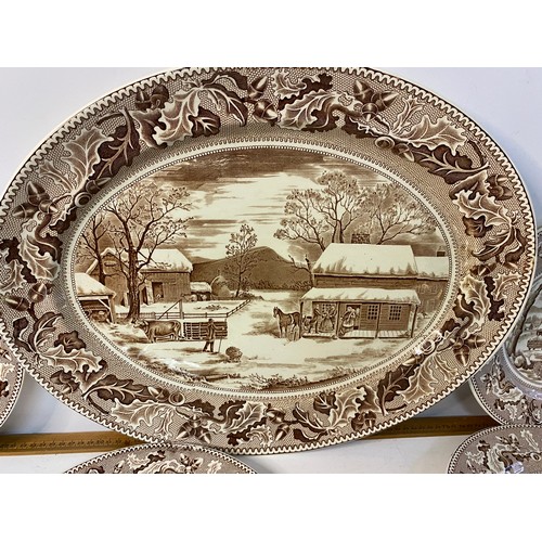 602 - Set of 6 x Johnson Bros 'Historic America' 27cm dinner plates and a large oval turkey platter.