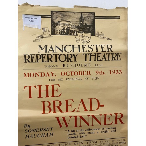 526 - 1933 Manchester Reperatory Theatre poster of Somerset Maughan's The Bread Winner. 56x32cms