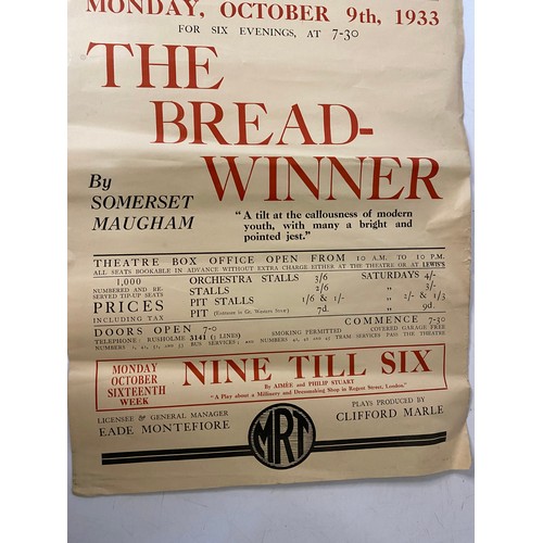 526 - 1933 Manchester Reperatory Theatre poster of Somerset Maughan's The Bread Winner. 56x32cms