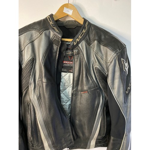 105 - Wolf Leather motorcycle jacket and 2 pairs of gloves. Jacket size 42.