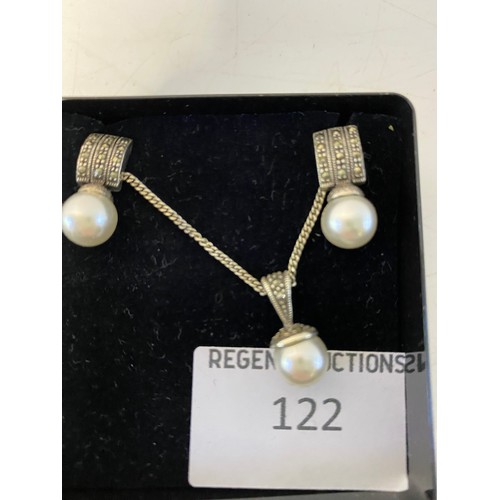 122 - 925 silver and faux pearl necklace and ear-ring set.