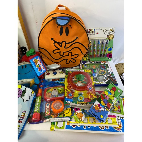 162 - Mr Men Mr Tickle storage box containing a selection of Mr Men toys and collectables.