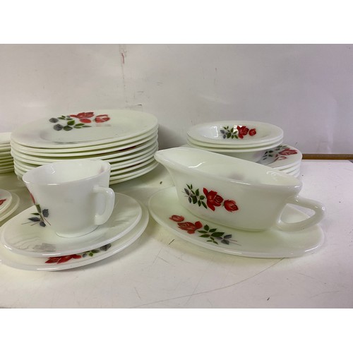 159 - 45 piece JAJ Pyrex June Rose dinnerware.