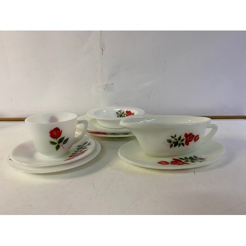 159 - 45 piece JAJ Pyrex June Rose dinnerware.