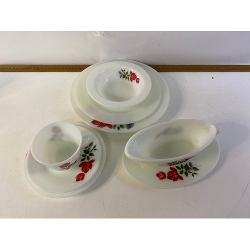 159 - 45 piece JAJ Pyrex June Rose dinnerware.