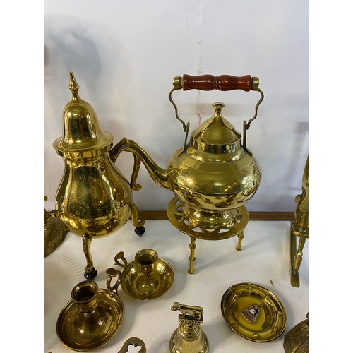 160 - Box of brassware including companion set, ornaments and kettle.