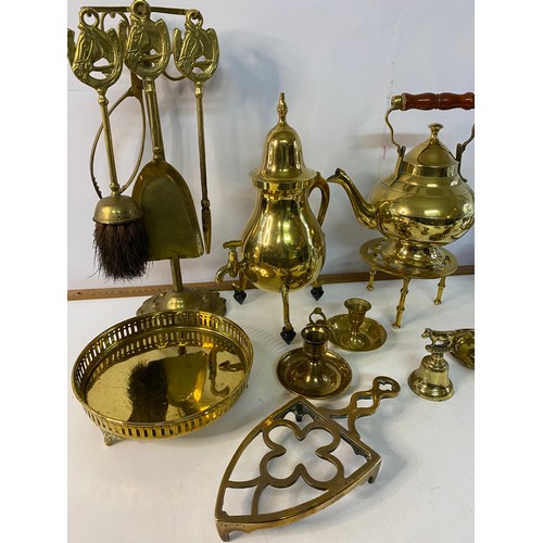 160 - Box of brassware including companion set, ornaments and kettle.