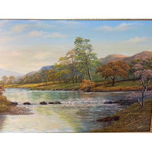 175 - Keith Sutton original oil painting in gilt frame titled River Derwent, signed and dated 1980, 33x58c... 