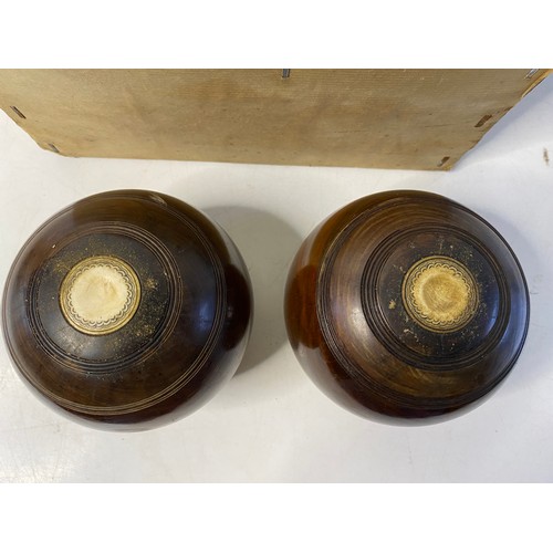 222 - Pair of antique Thomas Taylor lignum vitae lawn bowls in original cardboard box