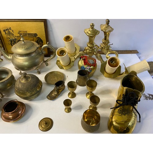 254 - Box of mixed brass and metalware including sundial, wall lights and ornaments.