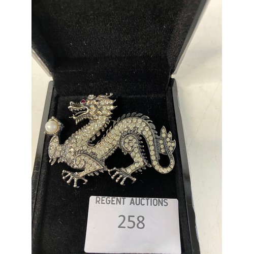 258 - Large Franklin Mint sterling silver and crystal dragon brooch.