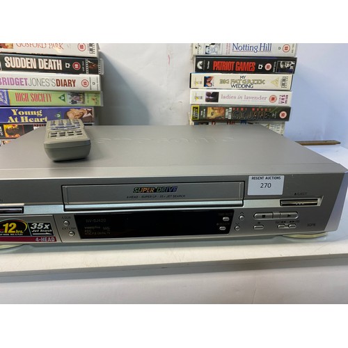 270 - Panasonic NV-SJ 420B-S video recorder with remote and selection of VHS tapes. Fully working.