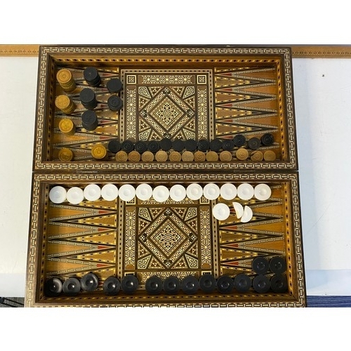 101 - Vintage Syrian inlaid mosaic games box for chess and backgammon, 50x25x8.5cms