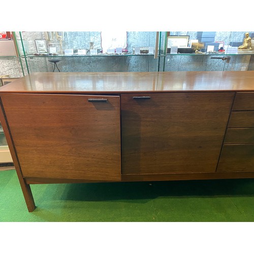 344 - Retro Meredew teak longjohn sideboard with original rolled black leather handles measuring 203 x 46 ... 