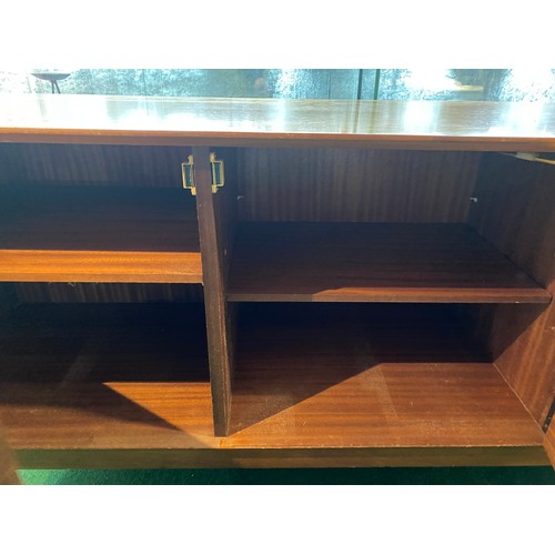 344 - Retro Meredew teak longjohn sideboard with original rolled black leather handles measuring 203 x 46 ... 