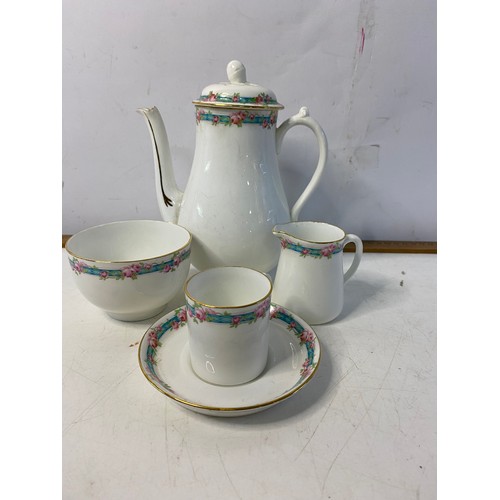 349 - Tuscan coffee set with rose pattern comprising coffee pot, milk and sugar bowl and 6 cups and saucer... 