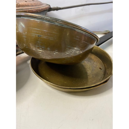 357 - Selection of vintage French brass and copper pans,