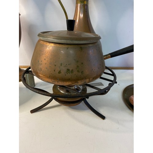 370 - Selection of copper comprising large jugs approx 40 cms tall, pan and burner etc