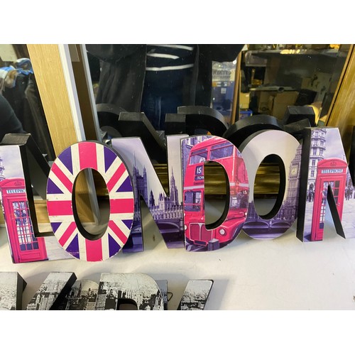 380 - Selection of 2 x mirrors, 2 x wooden letter City signs and a clock. Mirrors measure approx 50 x 60 c... 