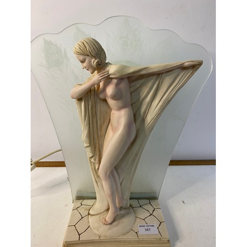 387 - Art Deco style lady lamp with glass back shade.  43cms tall