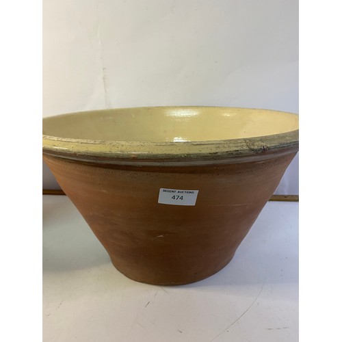 474 - 2 x large glazed terracota mixing bowls largest measures 42 cms diameter