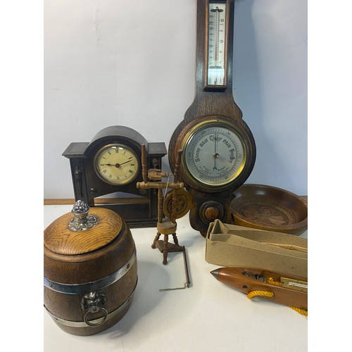 295 - Selection of vintage woodenware including barometer, ice bucket and shuttles