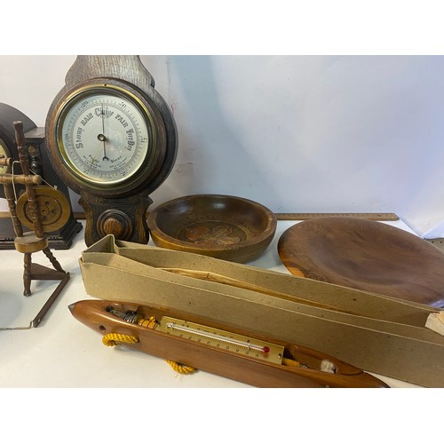 295 - Selection of vintage woodenware including barometer, ice bucket and shuttles