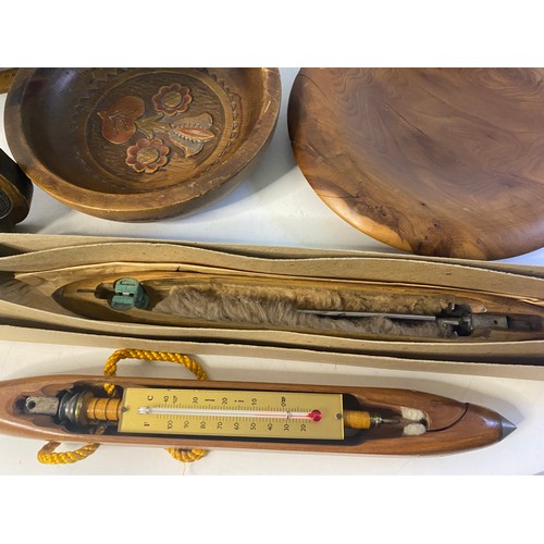 295 - Selection of vintage woodenware including barometer, ice bucket and shuttles