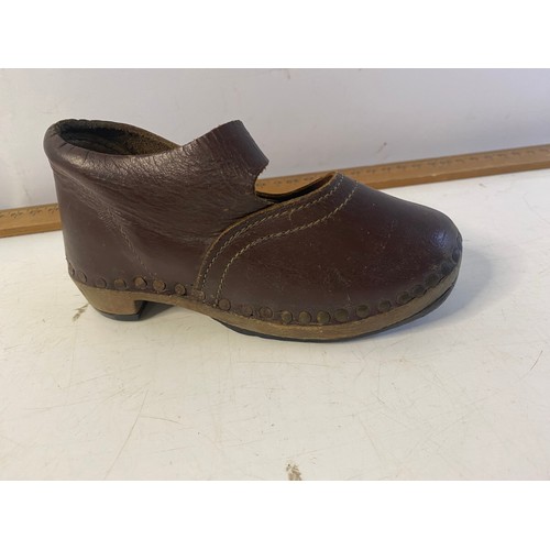 327 - Antique childs leather clog and wooden shoe last.