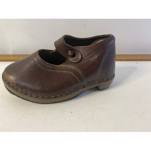 327 - Antique childs leather clog and wooden shoe last.