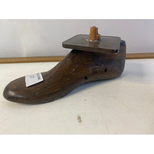 327 - Antique childs leather clog and wooden shoe last.