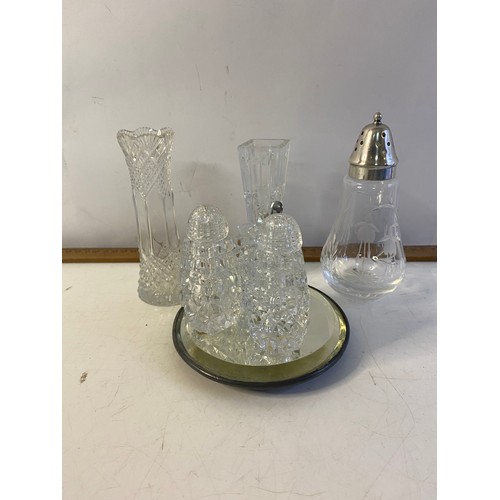 501 - Vintage Bohemian Crystal Cruet set on mirrored stand and fine crystal bud vases and 2 Stuart etched ... 