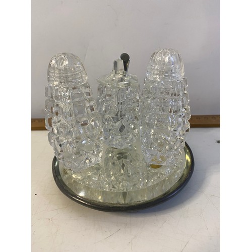 501 - Vintage Bohemian Crystal Cruet set on mirrored stand and fine crystal bud vases and 2 Stuart etched ... 