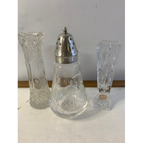 501 - Vintage Bohemian Crystal Cruet set on mirrored stand and fine crystal bud vases and 2 Stuart etched ... 