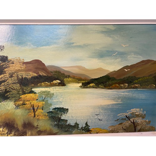 324 - Nick Tomlinson oil on board painting of Thirlmere, signed and measures 63x40cms.