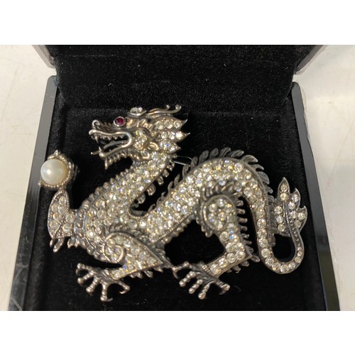 258 - Large Franklin Mint sterling silver and crystal dragon brooch.